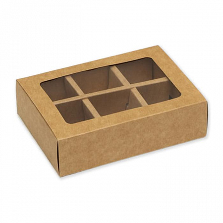 Коробка под 6 конфет крафт с окном 13,7 х 9,85 х 3,85 см