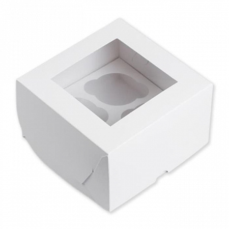 Кондитерская белая коробка для 4 капкейков с окном, 16 х 16 х 10 см