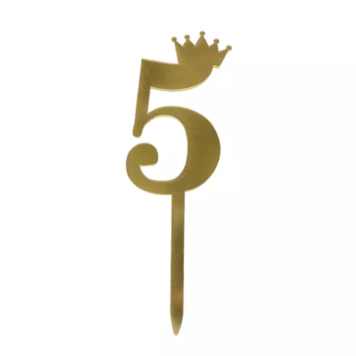 Топпер акриловый цифра "5" золотая с короной