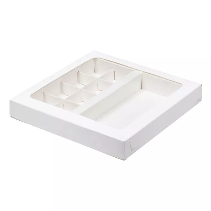 Коробка для конфет 8 ячейки и плитку шоколада Белая с окном №В115