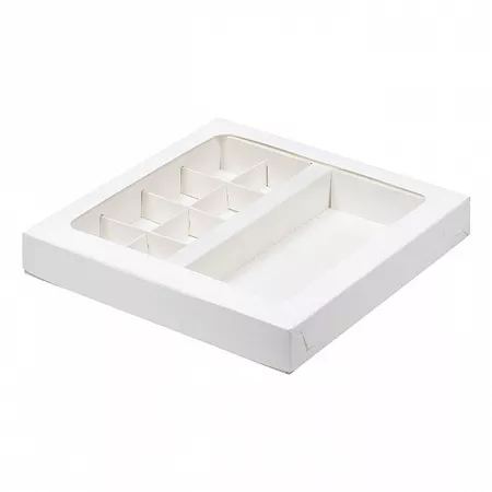 Коробка для конфет 8 ячейки и плитку шоколада Белая с окном №В115, 10шт