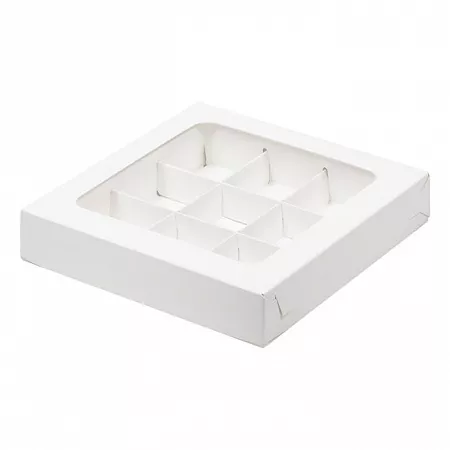 Коробка для конфет 9 ячеек Белая с окном №117